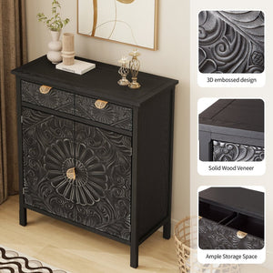 English Elm Hand-carved Floral Embossed Sideboard with Gold Hardware for Entryway or Living Room Black W688P280093