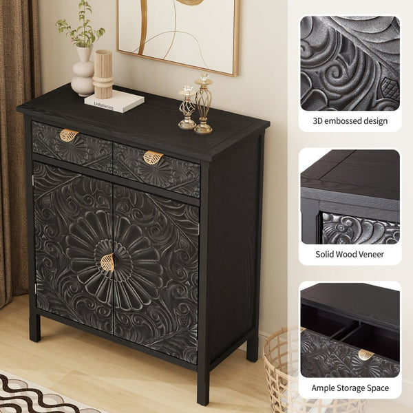 English Elm Hand-carved Floral Embossed Sideboard with Gold Hardware for Entryway or Living Room Black W688P280093