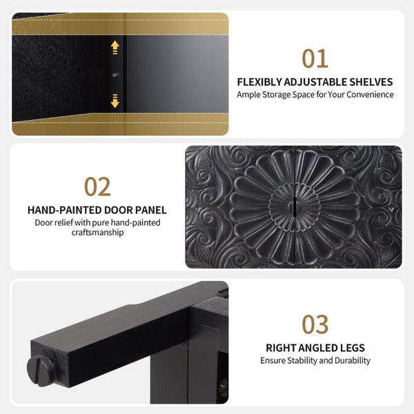 English Elm Hand-carved Floral Embossed Sideboard with Gold Hardware for Entryway or Living Room Black W688P280093