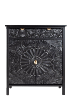 English Elm Hand-carved Floral Embossed Sideboard with Gold Hardware for Entryway or Living Room Black W688P280093