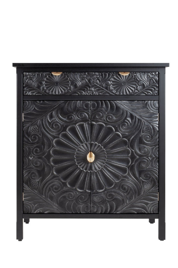 English Elm Hand-carved Floral Embossed Sideboard with Gold Hardware for Entryway or Living Room Black W688P280093