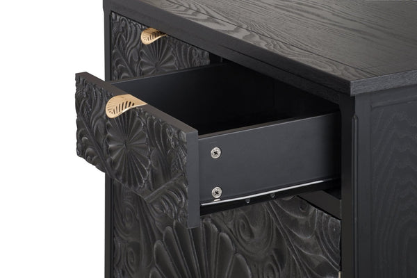 English Elm Hand-carved Floral Embossed Sideboard with Gold Hardware for Entryway or Living Room Black W688P280093