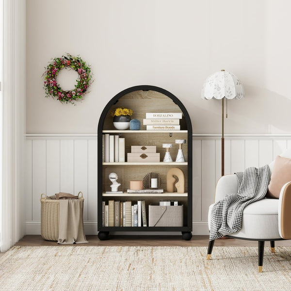 English Elm Arched Four Tier Bookcase with Black Metal Frame Hand Painted Mdf Display Shelf W688P411964