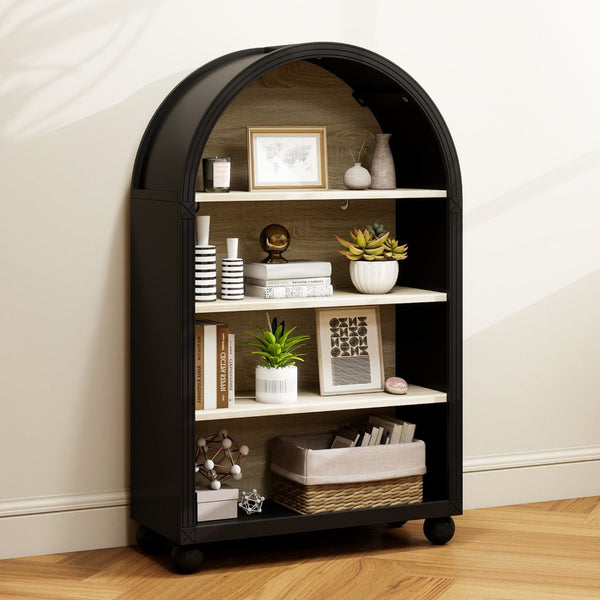 English Elm Arched Four Tier Bookcase with Black Metal Frame Hand Painted Mdf Display Shelf W688P411964