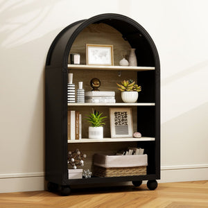 English Elm Arched Four Tier Bookcase with Black Metal Frame Hand Painted Mdf Display Shelf W688P411964