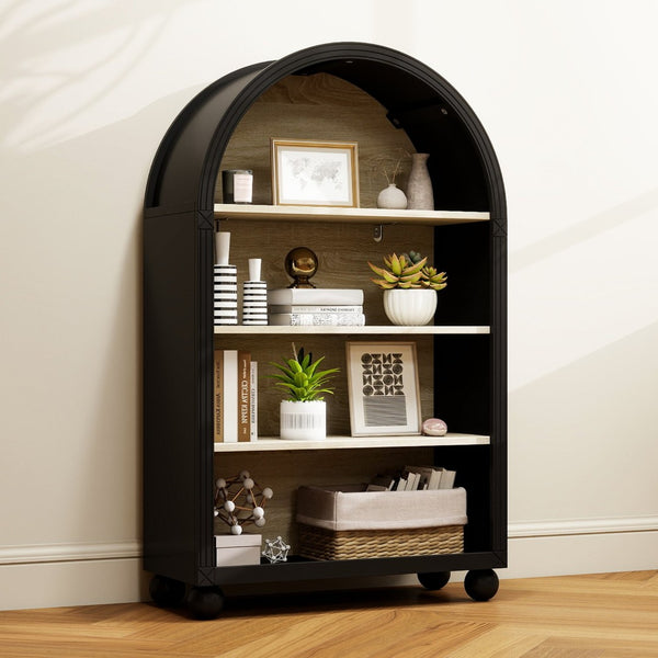 English Elm Arched Four Tier Bookcase with Black Metal Frame Hand Painted Mdf Display Shelf W688P411964