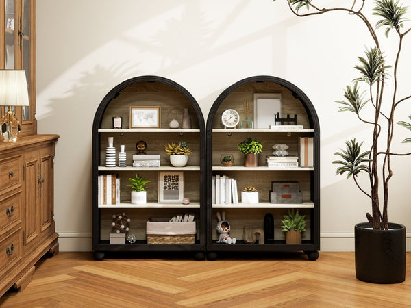 English Elm Arched Four Tier Bookcase with Black Metal Frame Hand Painted Mdf Display Shelf W688P411964