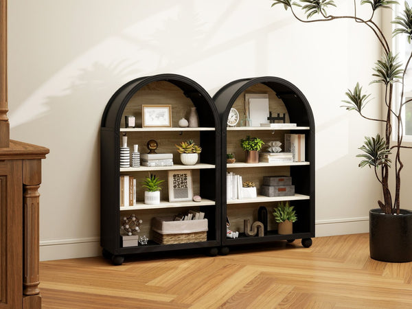 English Elm Arched Four Tier Bookcase with Black Metal Frame Hand Painted Mdf Display Shelf W688P411964
