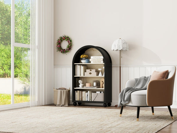 English Elm Arched Four Tier Bookcase with Black Metal Frame Hand Painted Mdf Display Shelf W688P411964