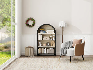 English Elm Arched Four Tier Bookcase with Black Metal Frame Hand Painted Mdf Display Shelf W688P411964