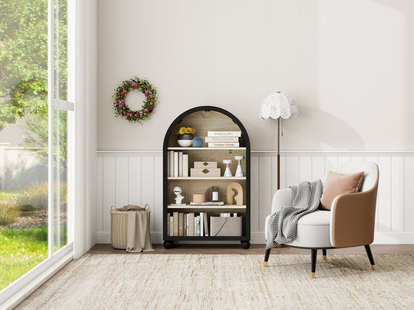 English Elm Arched Four Tier Bookcase with Black Metal Frame Hand Painted Mdf Display Shelf W688P411964