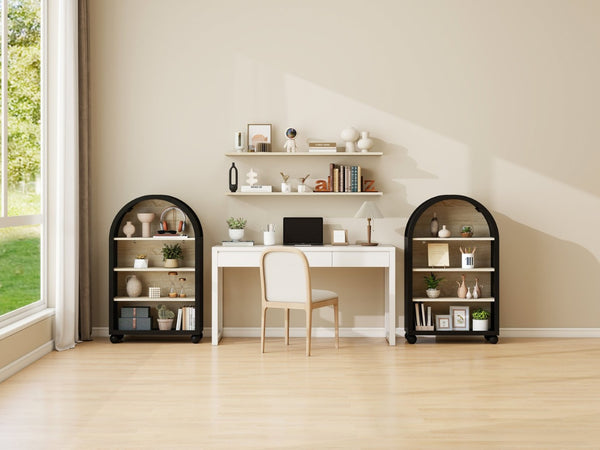 English Elm Arched Four Tier Bookcase with Black Metal Frame Hand Painted Mdf Display Shelf W688P411964