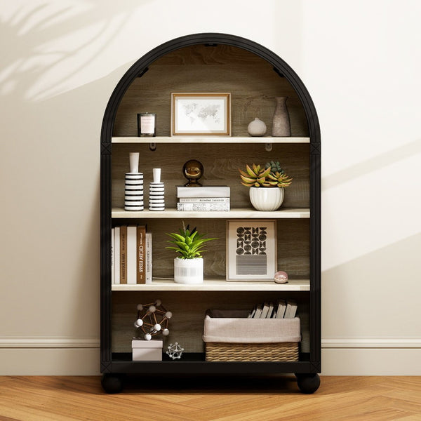 English Elm Arched Four Tier Bookcase with Black Metal Frame Hand Painted Mdf Display Shelf W688P411964