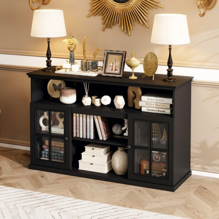 English Elm Farmhouse TV Stand with Sliding Metal Doors and Tempered Glass Cabinet for Living Room W688P456581