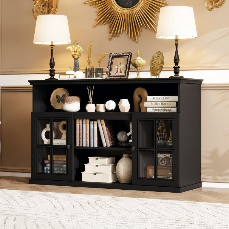 English Elm Farmhouse TV Stand with Sliding Metal Doors and Tempered Glass Cabinet for Living Room W688P456581