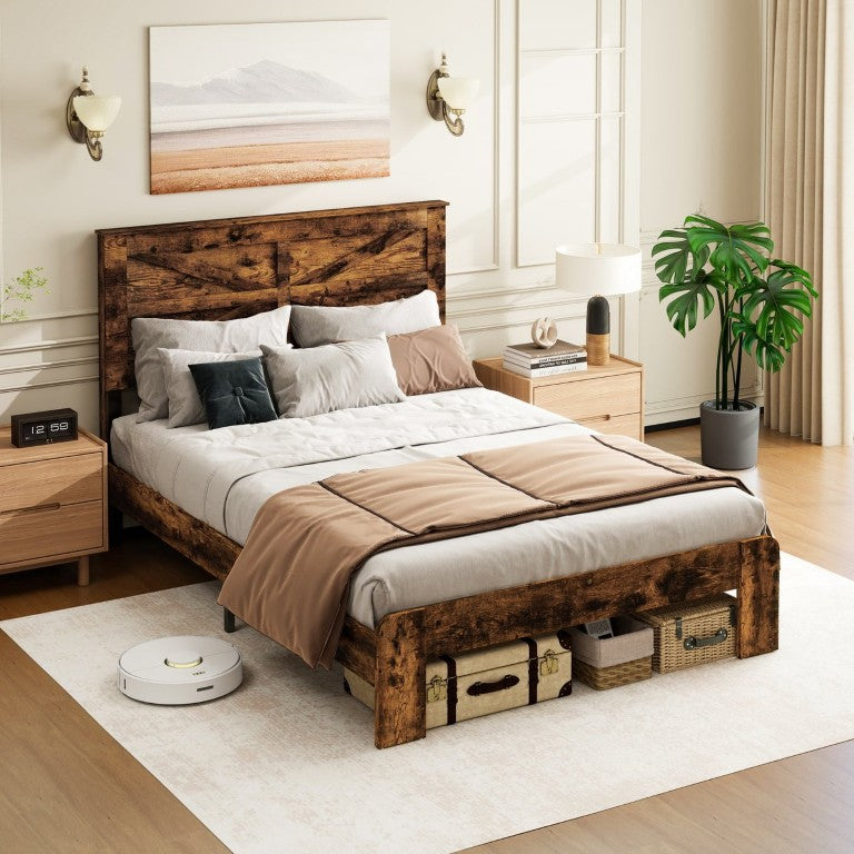 English Elm Industrial Farmhouse Queen Platform Bed Distressed MDF Headboard Solid Slats Storage W688P461602
