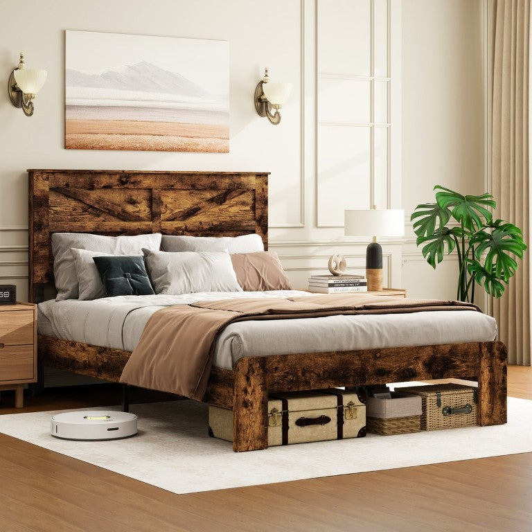 English Elm Industrial Farmhouse Queen Platform Bed Distressed MDF Headboard Solid Slats Storage W688P461602