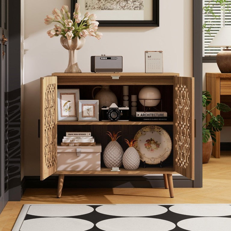 English Elm Wooden Storage Cabinet Carved Door Panels Pine Legs Adjustable Shelves for Living Room W688P473693