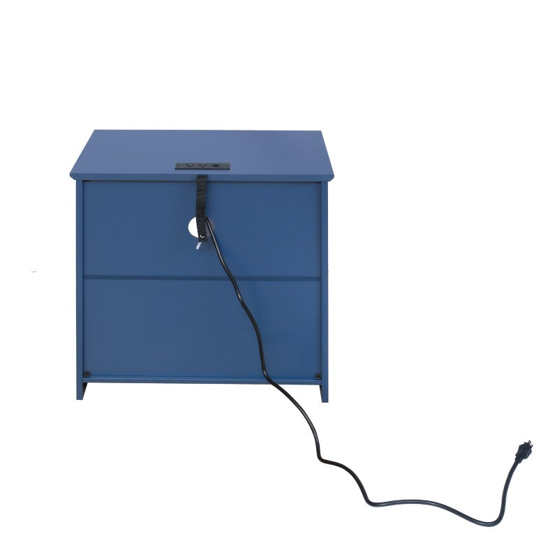 English Elm Dusty Blue Mid-Century Nightstand with Built-In Charging Panel and Fluted Column Detail W688P474046