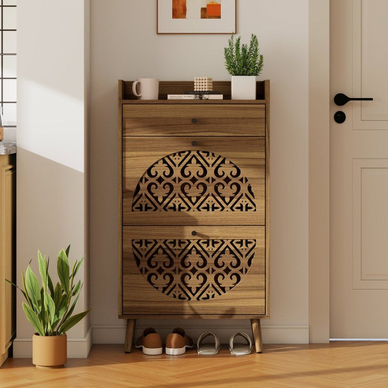 English Elm Mdf Shoe Cabinet with Pine Legs Ventilated Doors and Removable Trays for Entryway W688P480429