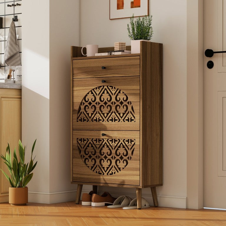 English Elm Mdf Shoe Cabinet with Pine Legs Ventilated Doors and Removable Trays for Entryway W688P480429