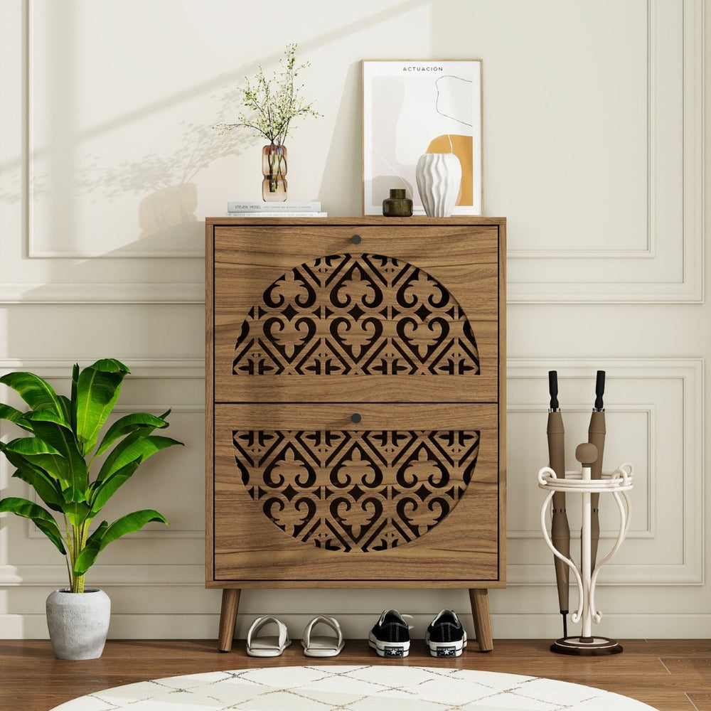 English Elm Japandi Carved Floral Shoe Cabinet Slim Entryway Organizer with Tapered Wood Legs W688P481365