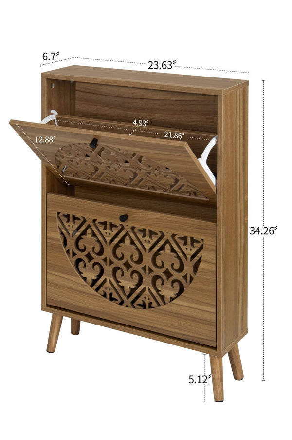 English Elm Japandi Carved Floral Shoe Cabinet Slim Entryway Organizer with Tapered Wood Legs W688P481365