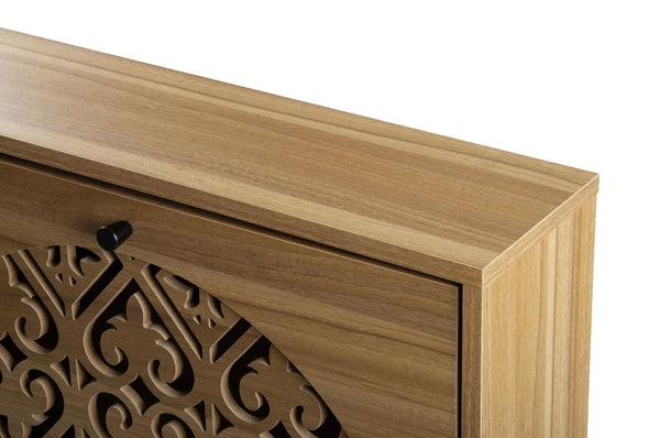English Elm Japandi Carved Floral Shoe Cabinet Slim Entryway Organizer with Tapered Wood Legs W688P481365