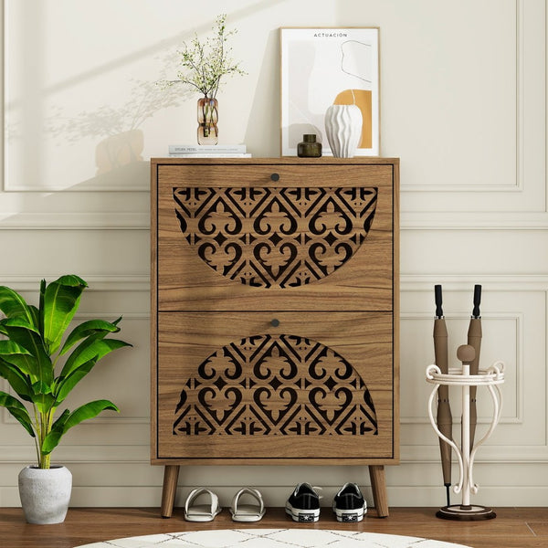 English Elm Japandi Carved Floral Shoe Cabinet Slim Entryway Organizer with Tapered Wood Legs W688P481365