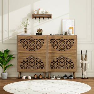 English Elm Japandi Carved Floral Shoe Cabinet Slim Entryway Organizer with Tapered Wood Legs W688P481365