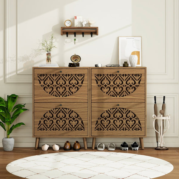 English Elm Japandi Carved Floral Shoe Cabinet Slim Entryway Organizer with Tapered Wood Legs W688P481365
