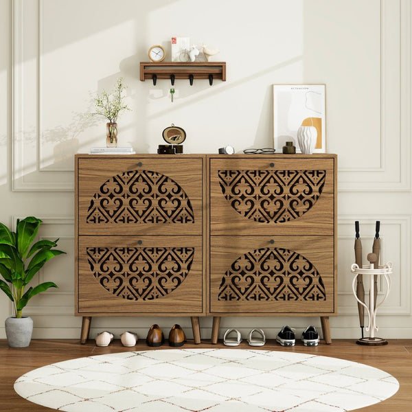 English Elm Japandi Carved Floral Shoe Cabinet Slim Entryway Organizer with Tapered Wood Legs W688P481365