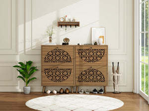 English Elm Japandi Carved Floral Shoe Cabinet Slim Entryway Organizer with Tapered Wood Legs W688P481365
