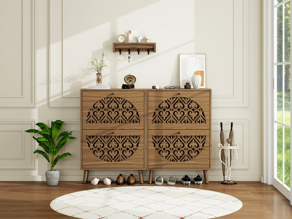 English Elm Japandi Carved Floral Shoe Cabinet Slim Entryway Organizer with Tapered Wood Legs W688P481365