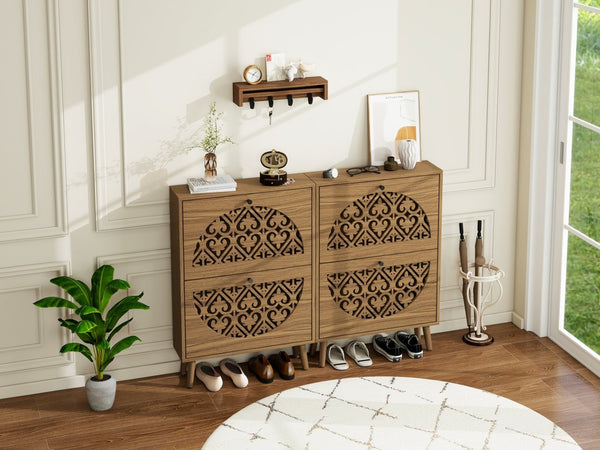English Elm Japandi Carved Floral Shoe Cabinet Slim Entryway Organizer with Tapered Wood Legs W688P481365