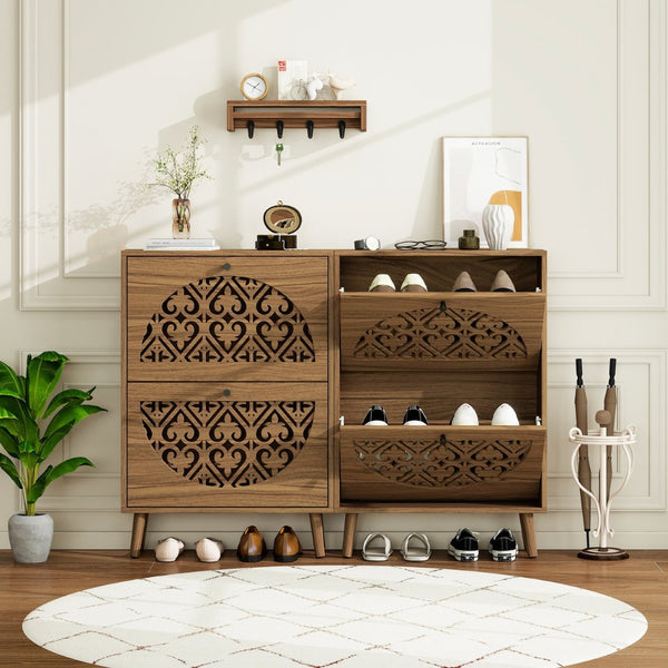 English Elm Japandi Carved Floral Shoe Cabinet Slim Entryway Organizer with Tapered Wood Legs W688P481365