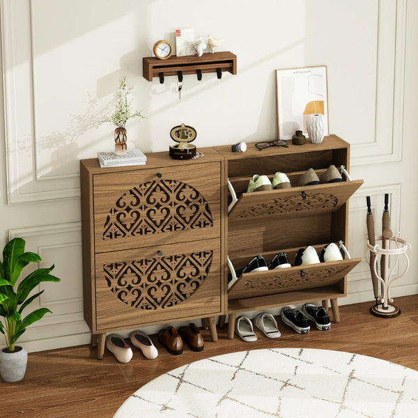 English Elm Japandi Carved Floral Shoe Cabinet Slim Entryway Organizer with Tapered Wood Legs W688P481365