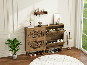 English Elm Japandi Carved Floral Shoe Cabinet Slim Entryway Organizer with Tapered Wood Legs W688P481365