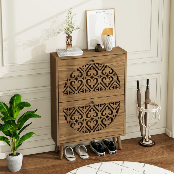 English Elm Japandi Carved Floral Shoe Cabinet Slim Entryway Organizer with Tapered Wood Legs W688P481365