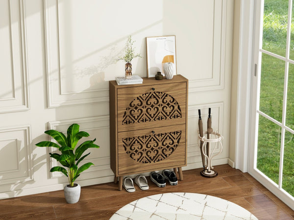 English Elm Japandi Carved Floral Shoe Cabinet Slim Entryway Organizer with Tapered Wood Legs W688P481365