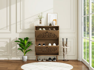 English Elm Japandi Carved Floral Shoe Cabinet Slim Entryway Organizer with Tapered Wood Legs W688P481365