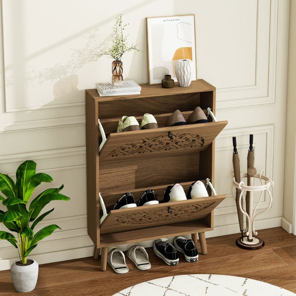 English Elm Japandi Carved Floral Shoe Cabinet Slim Entryway Organizer with Tapered Wood Legs W688P481365