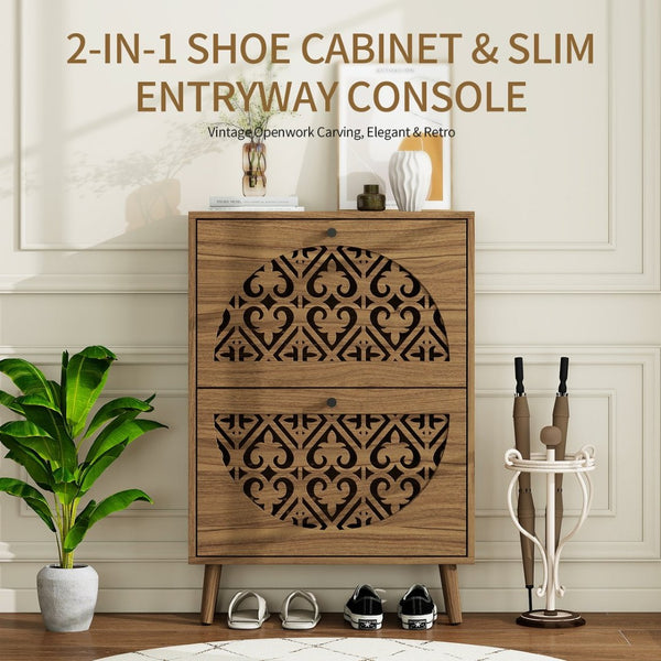 English Elm Japandi Carved Floral Shoe Cabinet Slim Entryway Organizer with Tapered Wood Legs W688P481365
