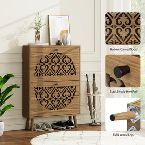 English Elm Japandi Carved Floral Shoe Cabinet Slim Entryway Organizer with Tapered Wood Legs W688P481365