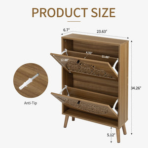 English Elm Japandi Carved Floral Shoe Cabinet Slim Entryway Organizer with Tapered Wood Legs W688P481365