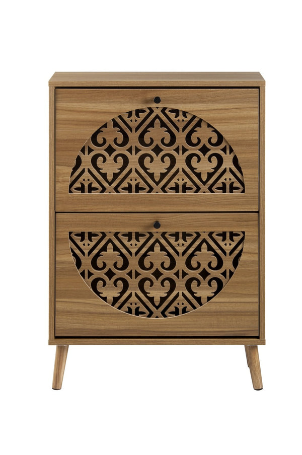 English Elm Japandi Carved Floral Shoe Cabinet Slim Entryway Organizer with Tapered Wood Legs W688P481365