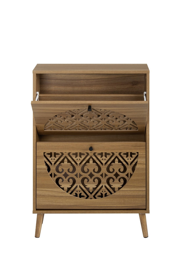 English Elm Japandi Carved Floral Shoe Cabinet Slim Entryway Organizer with Tapered Wood Legs W688P481365