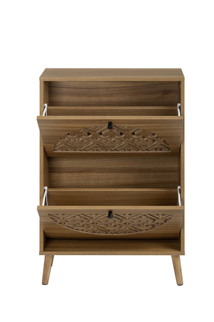 English Elm Japandi Carved Floral Shoe Cabinet Slim Entryway Organizer with Tapered Wood Legs W688P481365