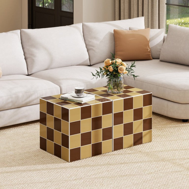 English Elm Set of 2 Stackable MDF Cube Risers Faux Tile Print Mid-Century Industrial Decor W688P483133