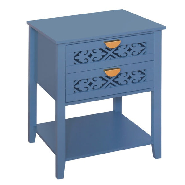 English Elm Dusty Blue Boho Nightstand with Carved Lattice Drawers Gold Pulls and Open Shelf W688P539159